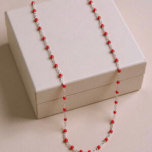 Necklace - 16” Stainless Steel Silver tone Necklace with Red Bead Accents